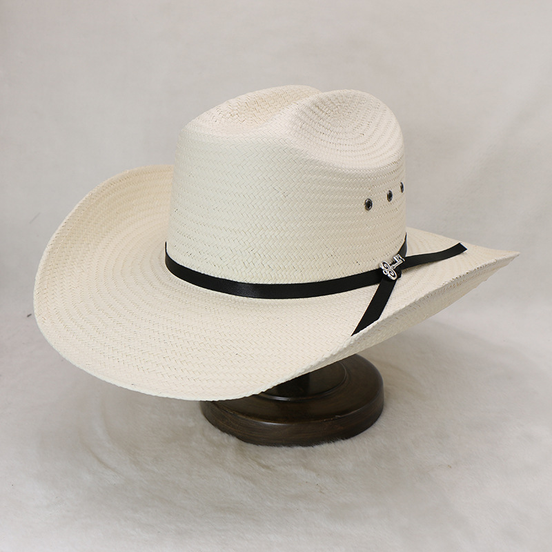 Cowboy Hat Straw - 硬めの素材を使用した、五角形のつばを持つパピルス柄の騎士帽。ウェスタン・パナマ帽、カウボーイハット。春・夏用のメンズ・サンハット。