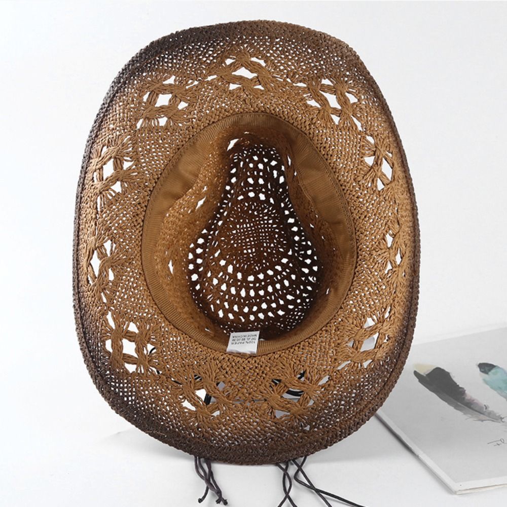 Cowboy Hat Straw - ファッション性の高い、つばの広いウェスタンカウボーイハット。ビーズがあしらわれた、単色のパナマ帽。エスニックなスタイルで、部分的に穴が開けられた日焼け防止効果のある麦わら帽子。レディース。