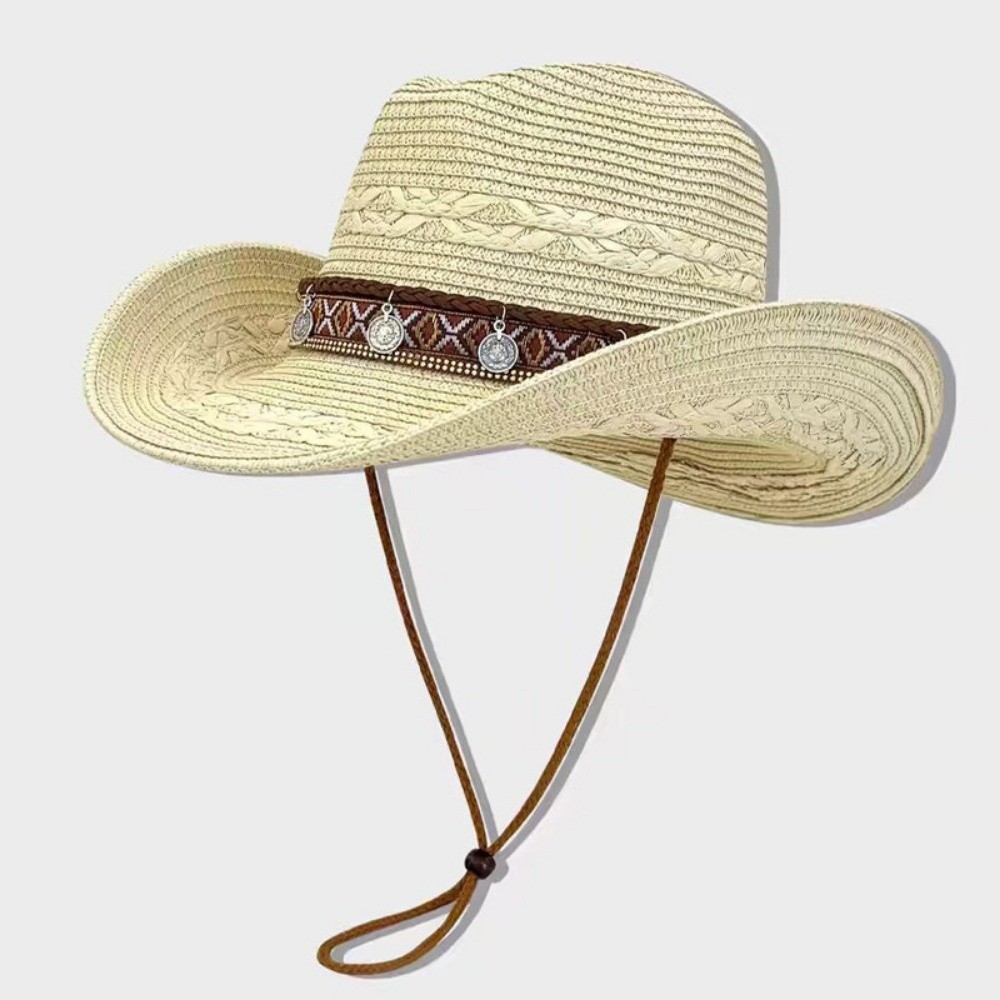 エスニックスタイルの麦わらカウボーイハット、風よけストラップ - Cowboy Hat Straw のレビューと価格
