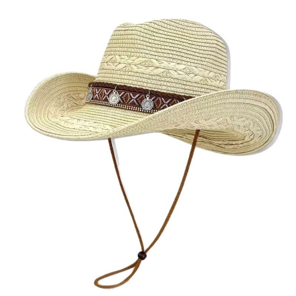 エスニックスタイルの麦わらカウボーイハット、風よけストラップ - Cowboy Hat Straw のレビューと価格