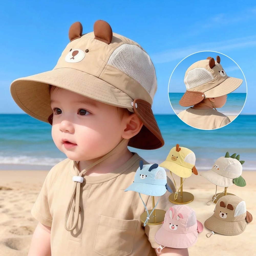 かわいい漫画風ベビービーチハット、クマとウサギの耳付き、通気 - Bucket Hat Cotton のレビューと価格